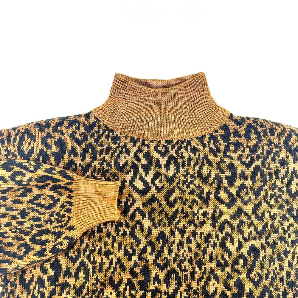 Tiffany Angeles Vintage Leopard Print Mock Neck Wool Blend Sweater Small Brown
